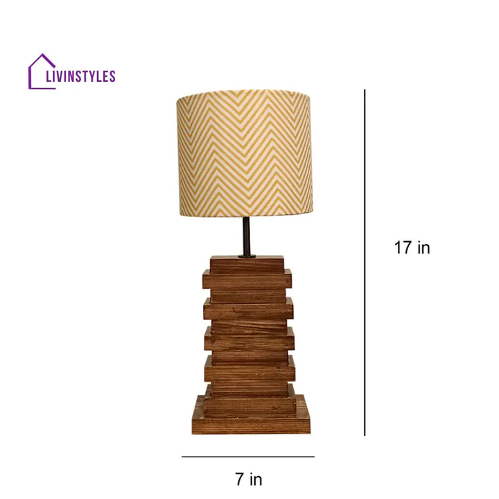 Truffle Brown Wooden Table Lamp With Yellow Printed Fabric Lampshade Lamps