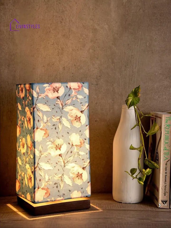 Turquoise Floral Lamp With Wooden Base