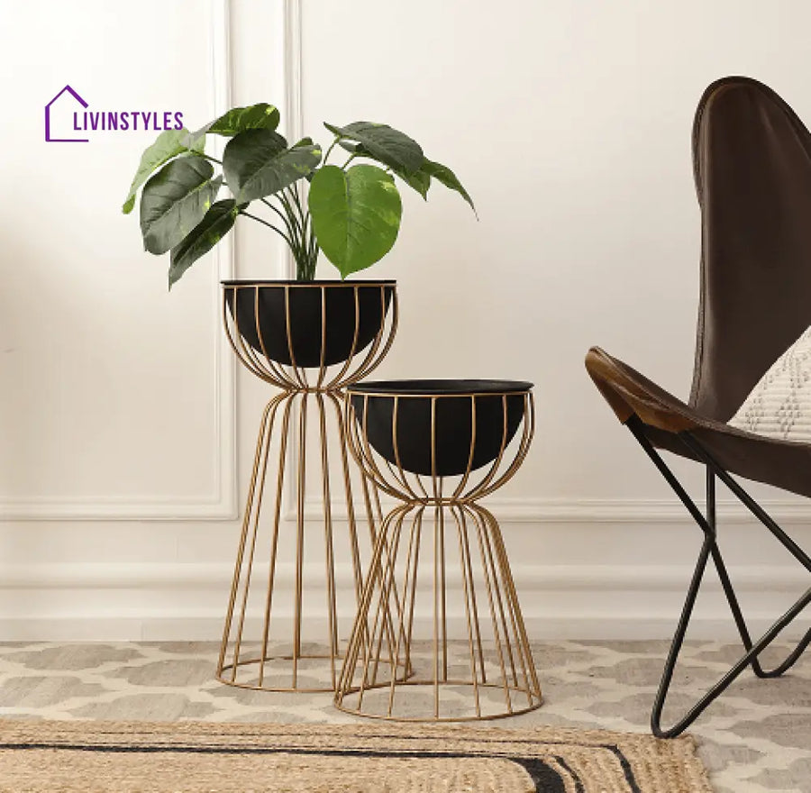 Twin Bloom Planters Set Of 2 Gold Floor Planters