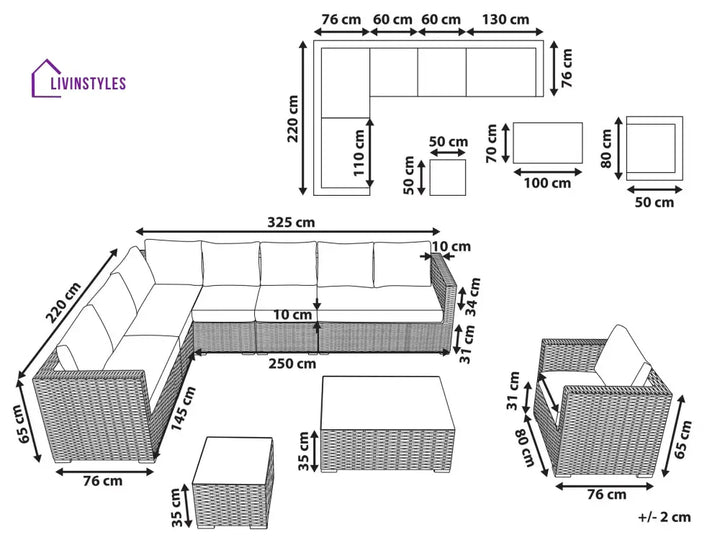 Unnati Outdoor Sofa Set 8 Seater | Single And 2 Center Table (White + Grey) Sets