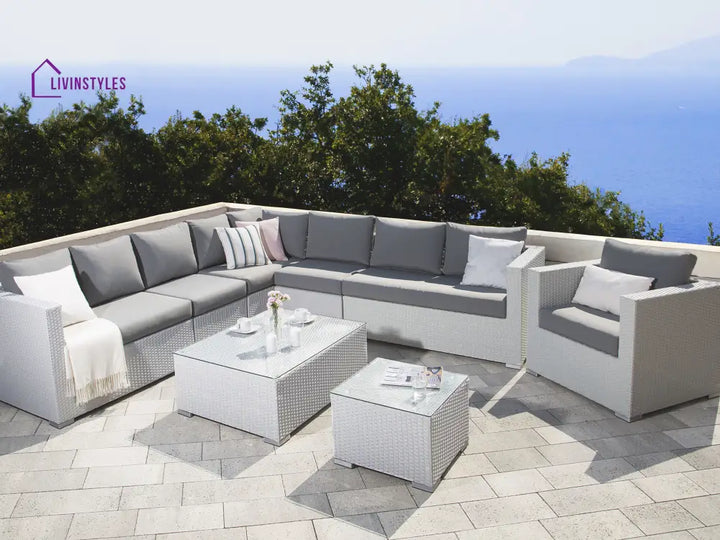 Unnati Outdoor Sofa Set 8 Seater | Single And 2 Center Table (White + Grey) Sets