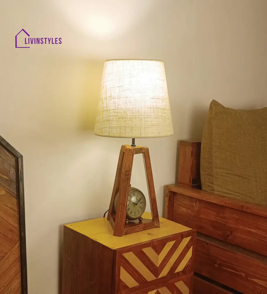 Vantage Brown Wooden Table Lamp With White Jute Lampshade Lamps