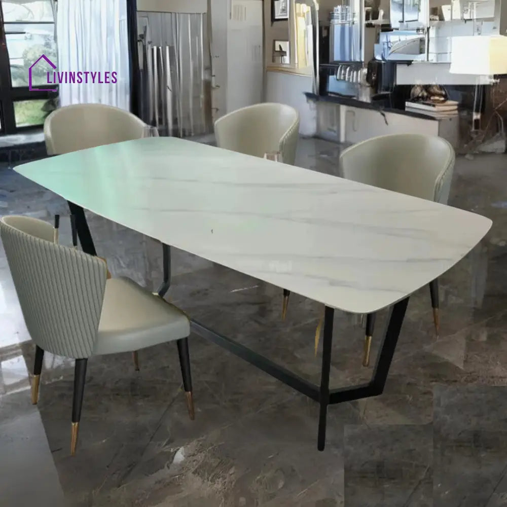 Vegas Marble Top Dining Table With Black Powder Coated Base Set