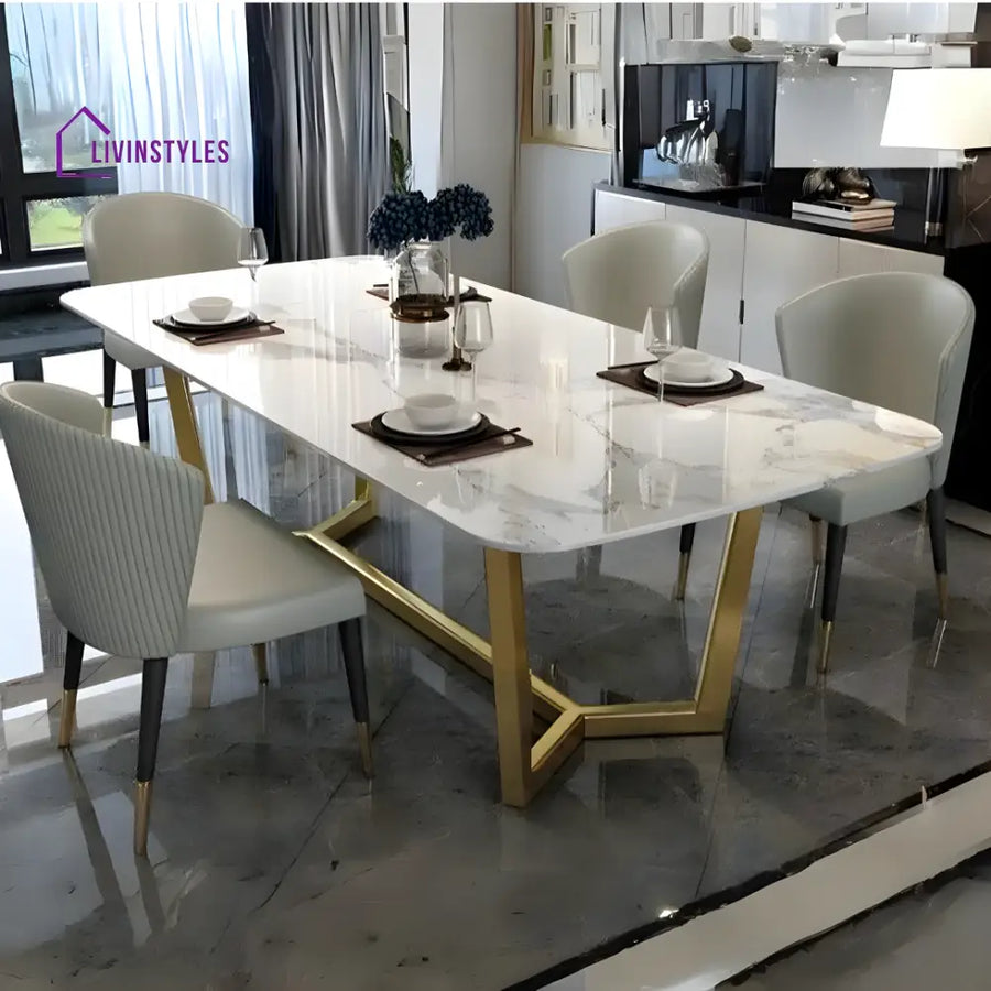 Vegas Marble Top Dining Table With Stainless Steel Base Set