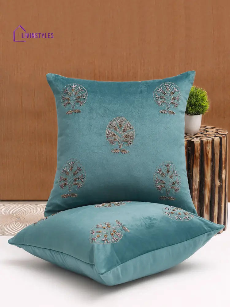 Velvet Hand Work Cushion Cover Set Of 2 (18X18 Inch)