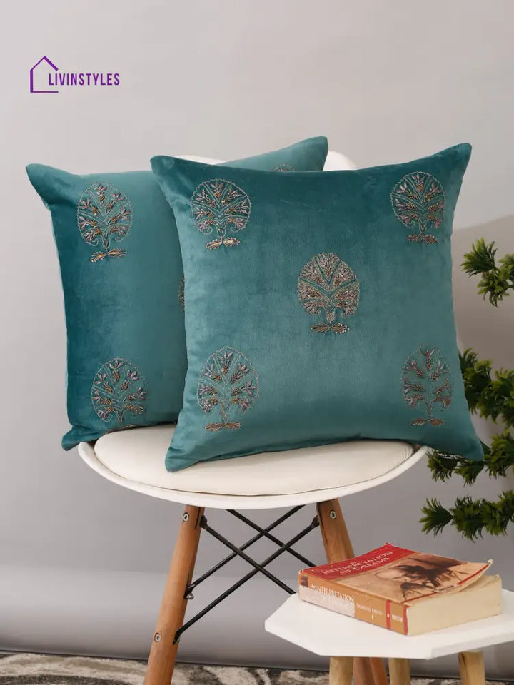 Velvet Hand Work Cushion Cover Set Of 2 (18X18 Inch)