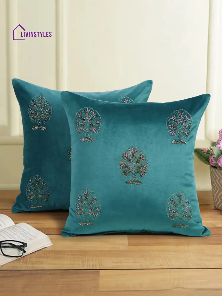 Velvet Hand Work Cushion Cover Set Of 2 (18X18 Inch)