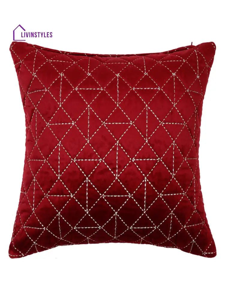 Velvet Maroon Color Set Of 2 Quilted Cushion Cover (18X18 Inch)