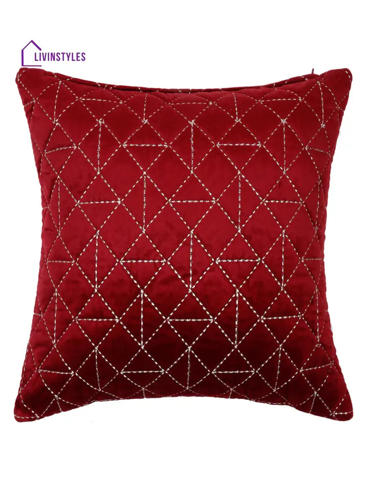 Velvet Maroon Color Set Of 2 Quilted Cushion Cover (18X18 Inch)