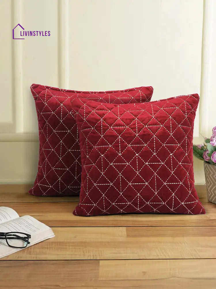 Velvet Maroon Color Set Of 2 Quilted Cushion Cover (18X18 Inch)