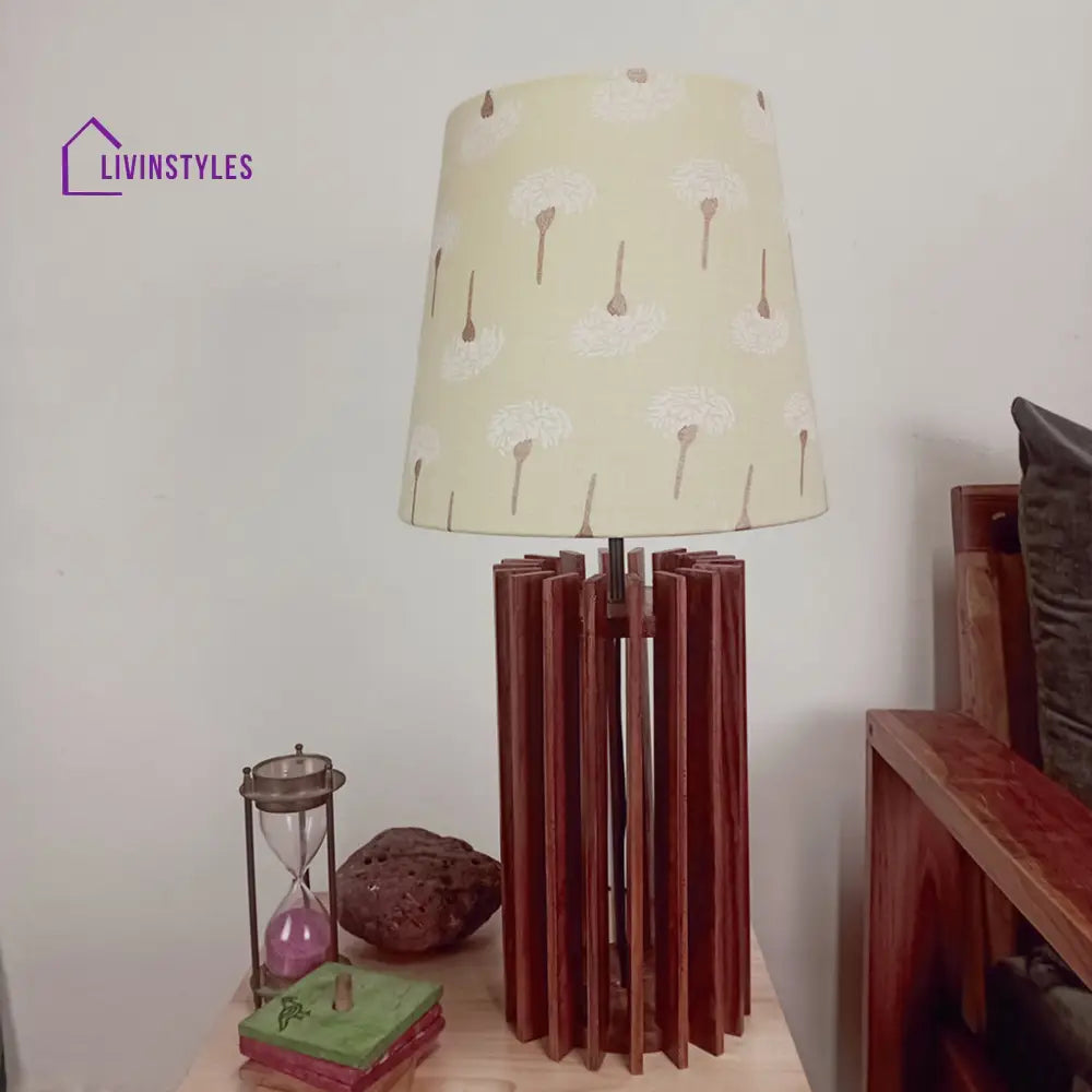 Ventus Brown Wooden Table Lamp With Yellow Printed Fabric Lampshade Lamps