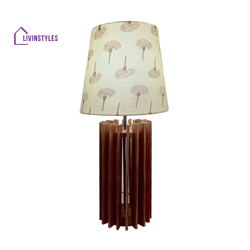 Ventus Brown Wooden Table Lamp With Yellow Printed Fabric Lampshade Lamps