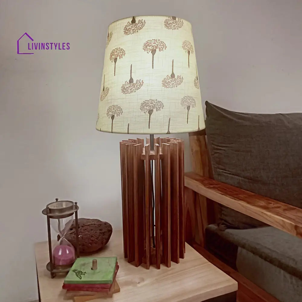 Ventus Brown Wooden Table Lamp With Yellow Printed Fabric Lampshade Lamps