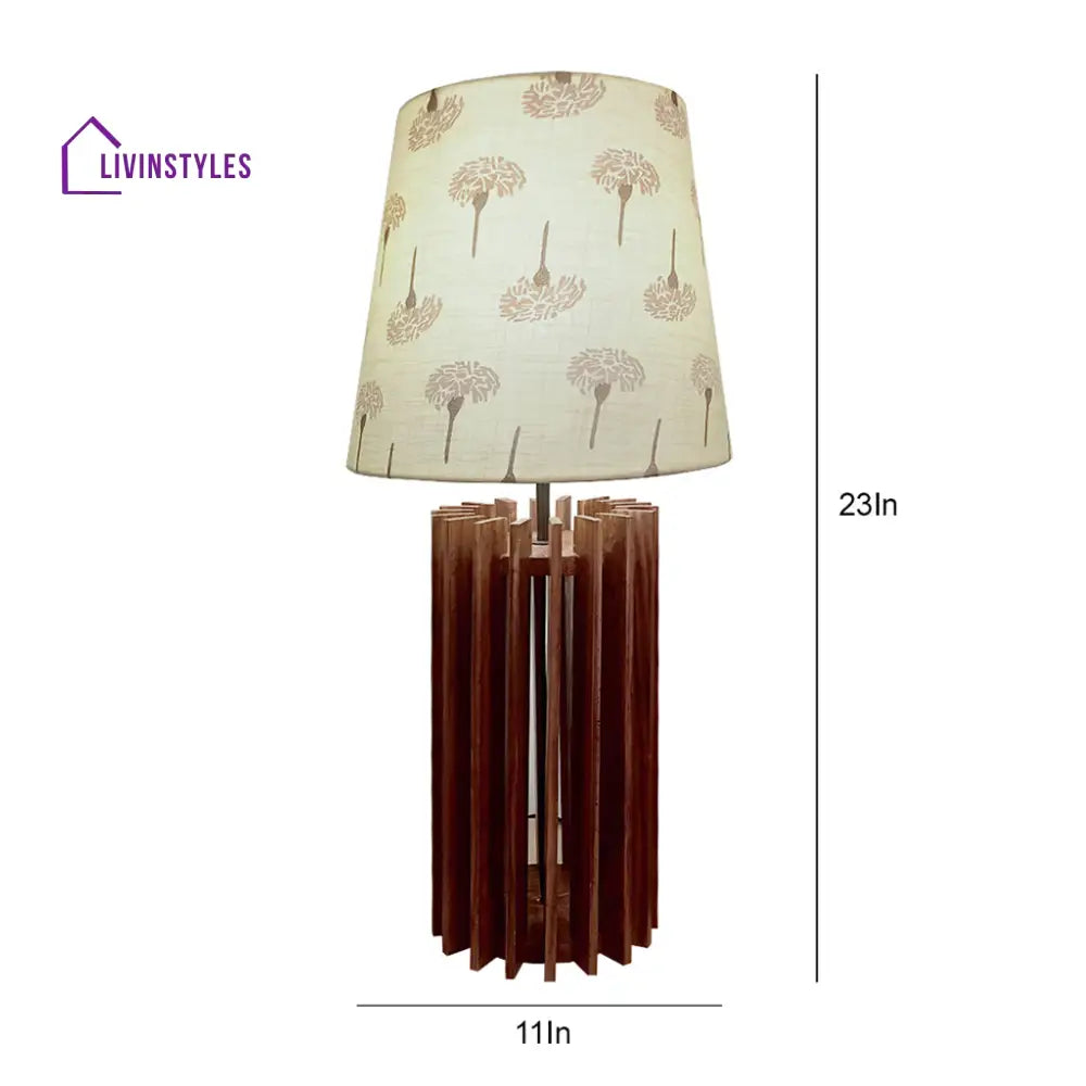 Ventus Brown Wooden Table Lamp With Yellow Printed Fabric Lampshade Lamps