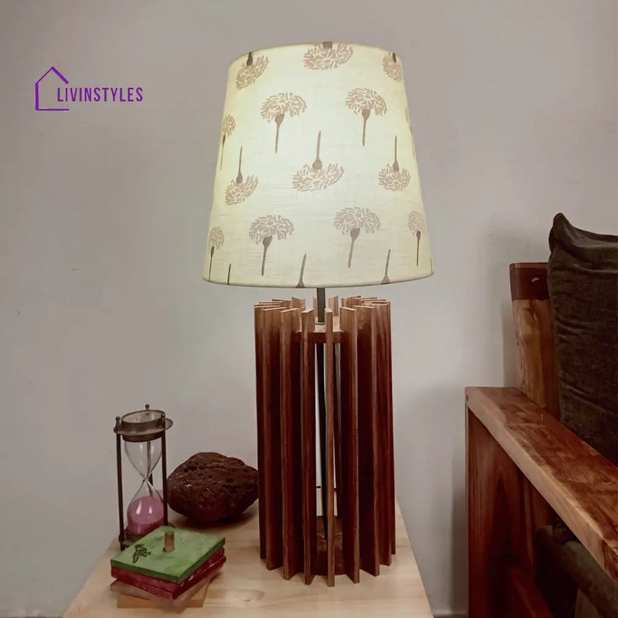 Ventus Brown Wooden Table Lamp With Yellow Printed Fabric Lampshade Lamps