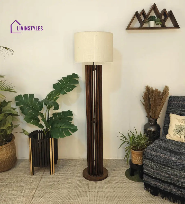 Ventus Wooden Floor Lamp With Brown Base And Beige Fabric Lampshade Lamps