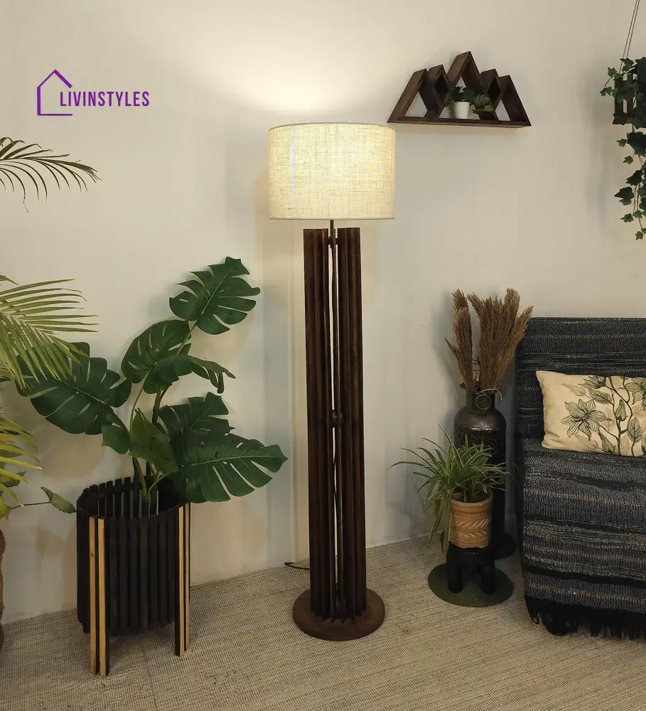 Ventus Wooden Floor Lamp With Brown Base And Beige Fabric Lampshade Lamps