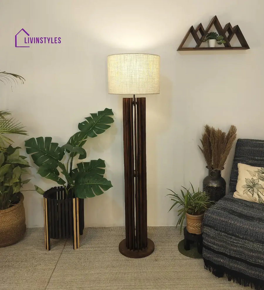 Ventus Wooden Floor Lamp With Brown Base And Beige Fabric Lampshade Lamps