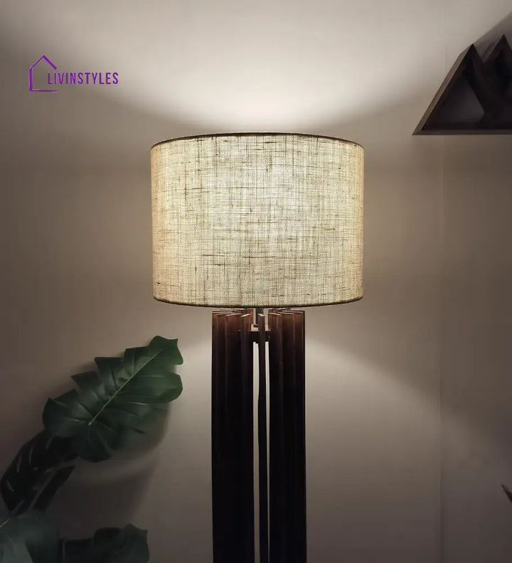 Ventus Wooden Floor Lamp With Brown Base And Beige Fabric Lampshade Lamps