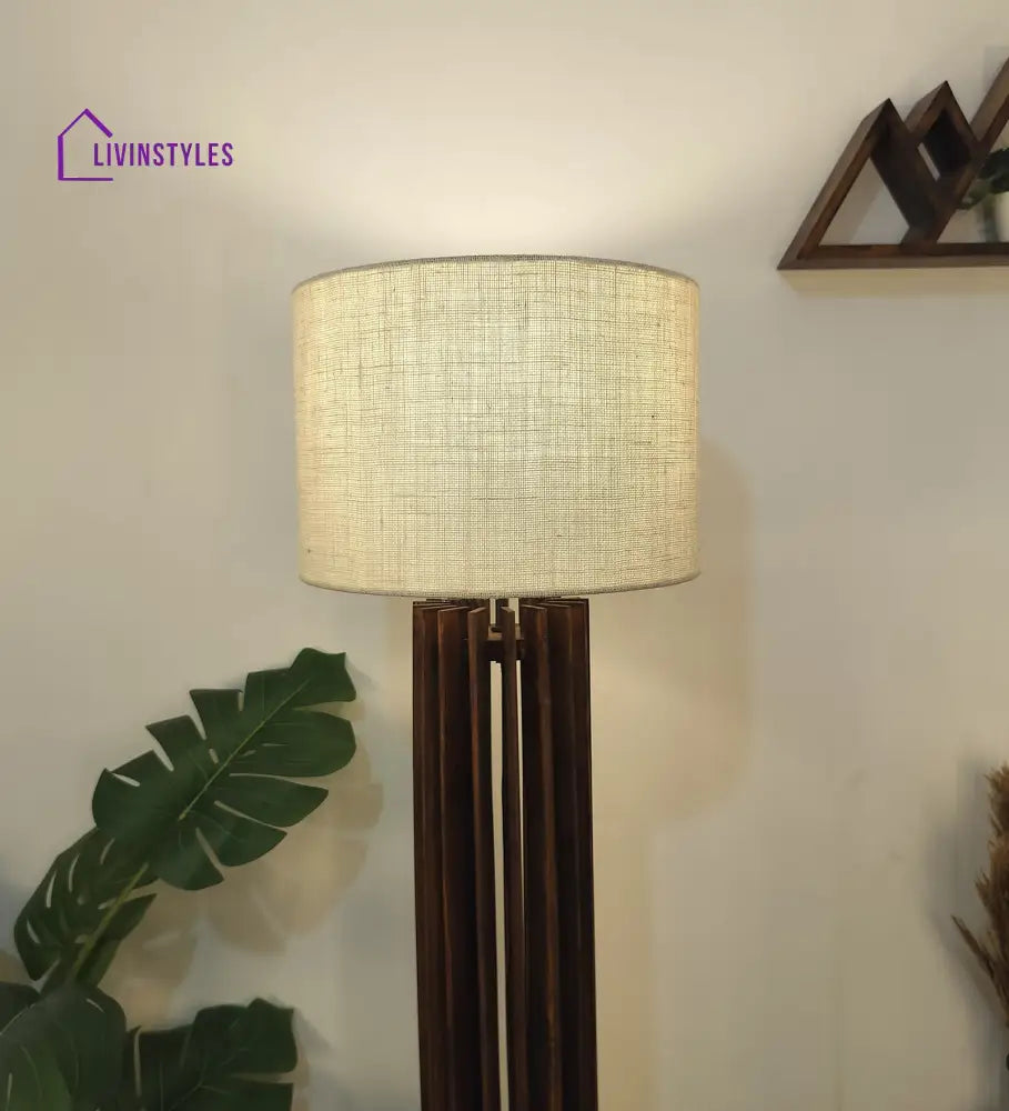 Ventus Wooden Floor Lamp With Brown Base And Beige Fabric Lampshade Lamps