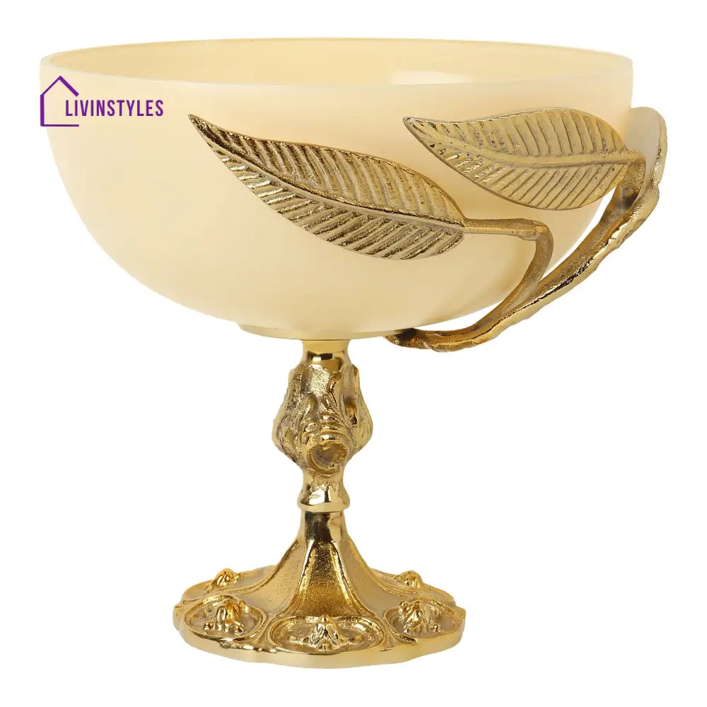 Verdant Elegance Glass Bowl In Cream And Gold Decorative Bowls