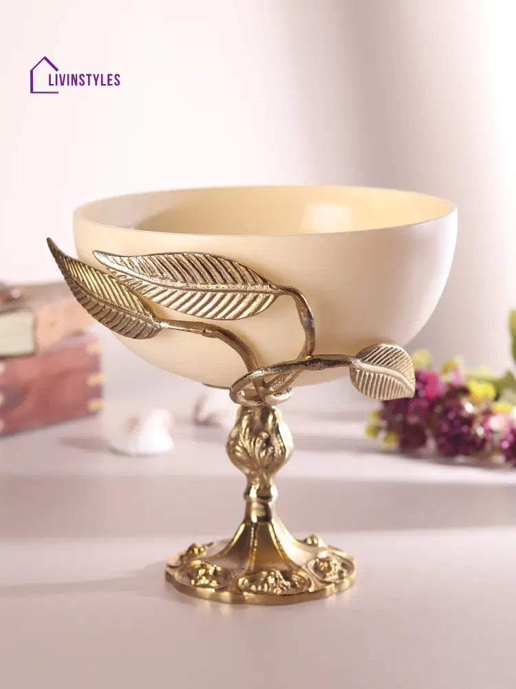 Verdant Elegance Glass Bowl In Cream And Gold Decorative Bowls