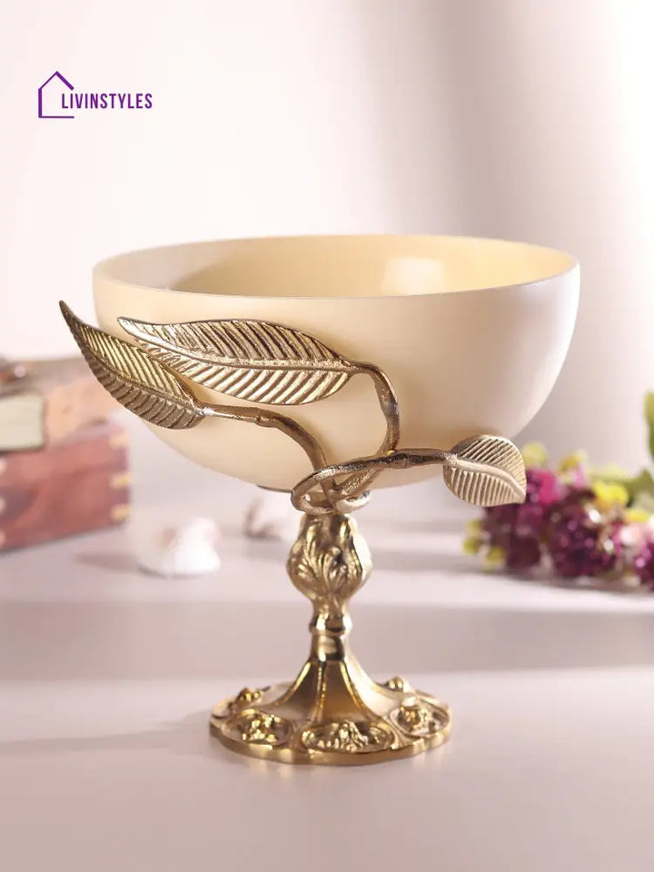 Verdant Elegance Glass Bowl In Cream And Gold Decorative Bowls