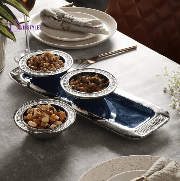 Versace Design Bowl Tray Set In Blue Enamle & Silver Finish