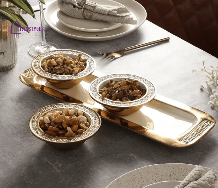 Versace Design Bowl Tray Set In Ivory Enamle & Gold Finish