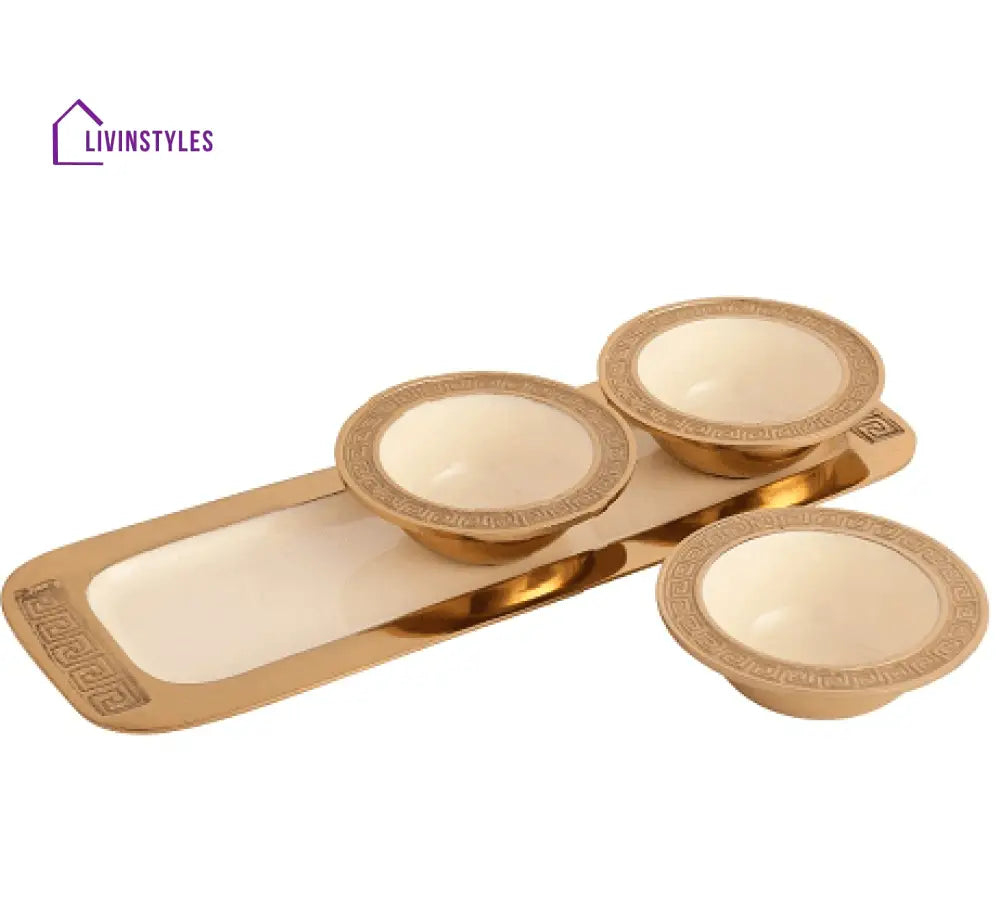 Versace Design Bowl Tray Set In Ivory Enamle & Gold Finish