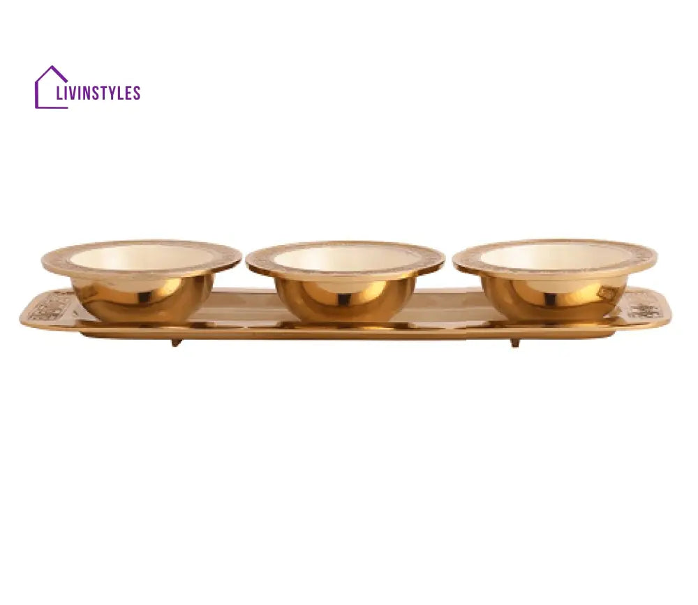 Versace Design Bowl Tray Set In Ivory Enamle & Gold Finish