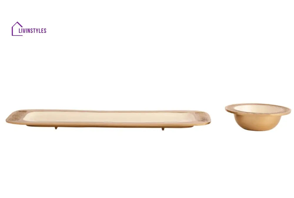 Versace Design Bowl Tray Set In Ivory Enamle & Gold Finish