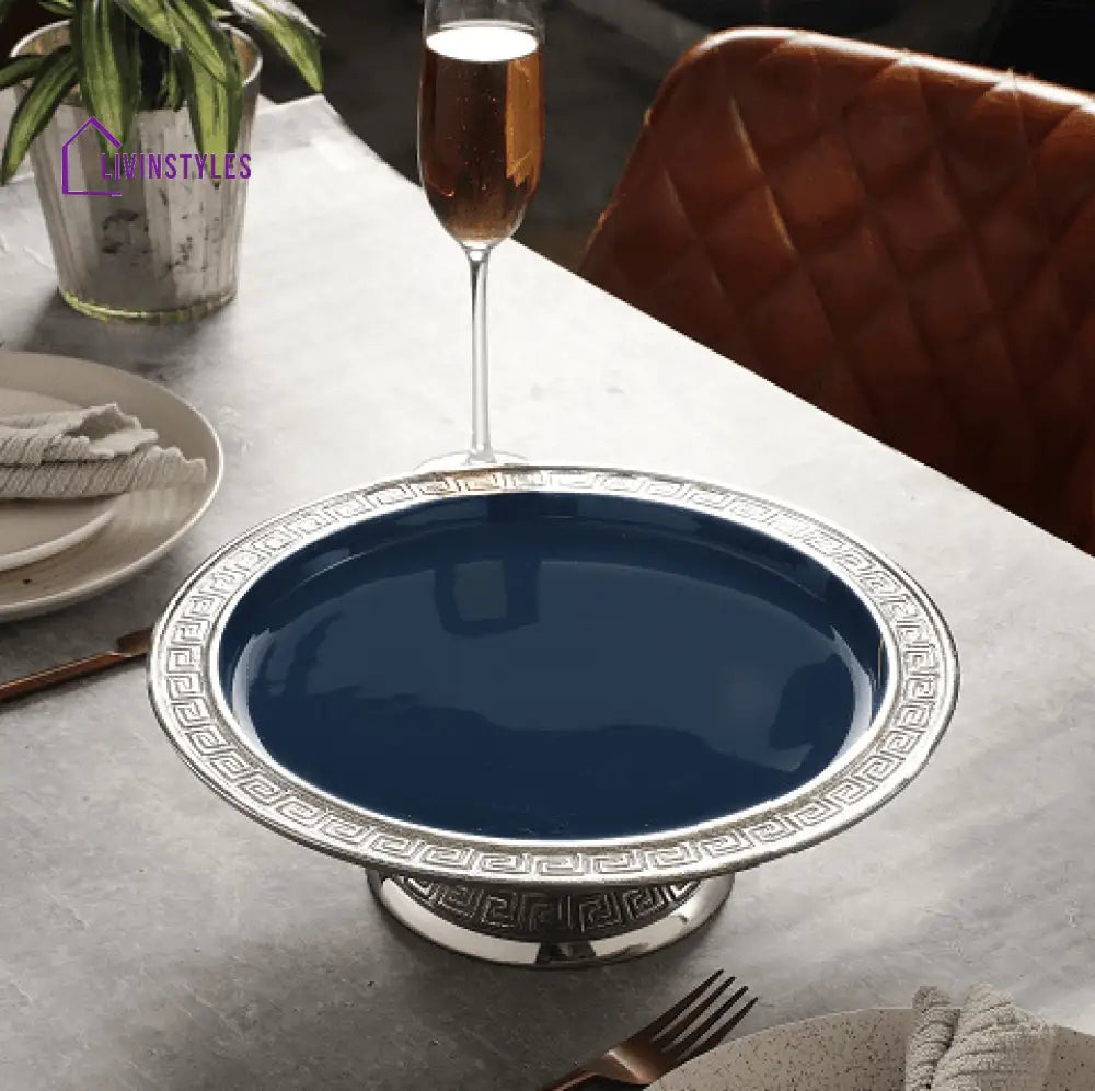 Versace Design Cake Stand In Blue Enamle & Silver Finish