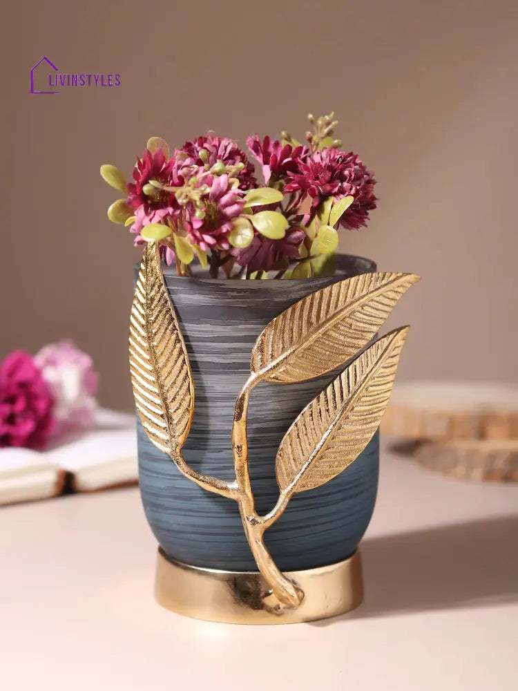 Versaleaf Glass Vase And Candle Holder In Wavy Grey & Gold Holder