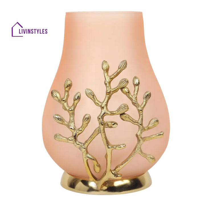 Versalux Glass Vase And Candle Holder In Peach & Gold Pot