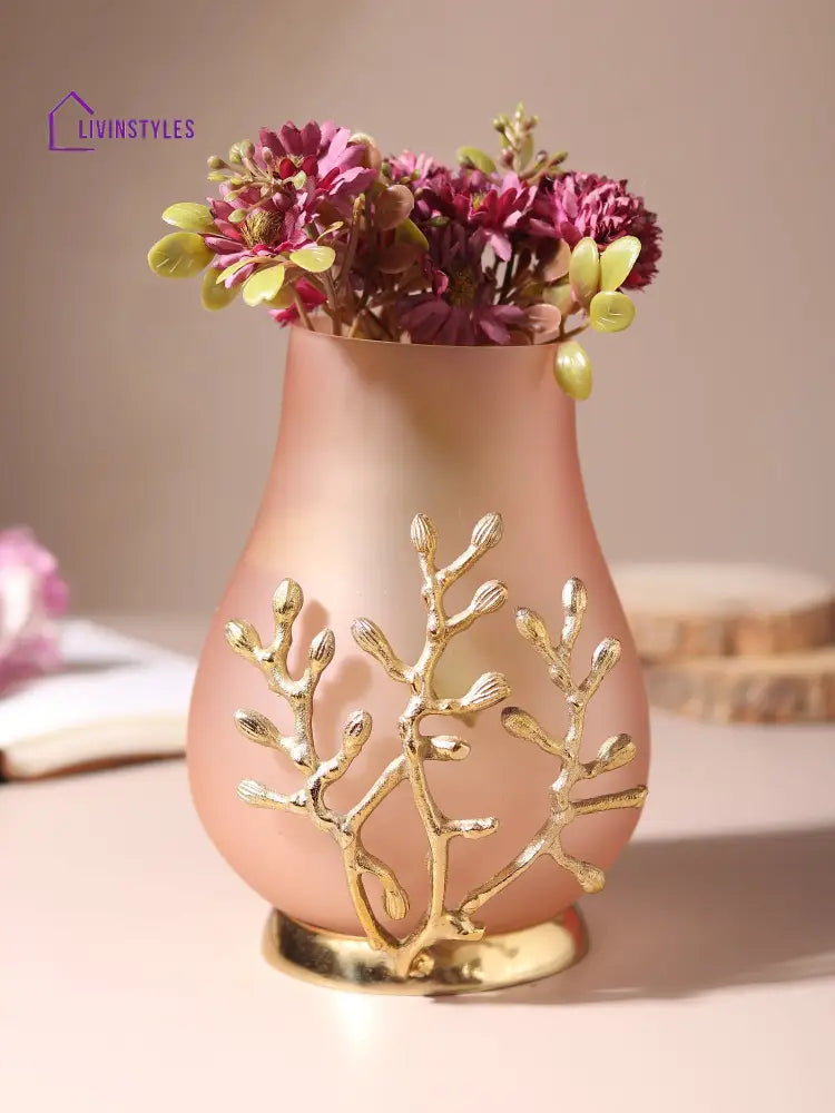 Versalux Glass Vase And Candle Holder In Peach & Gold Pot