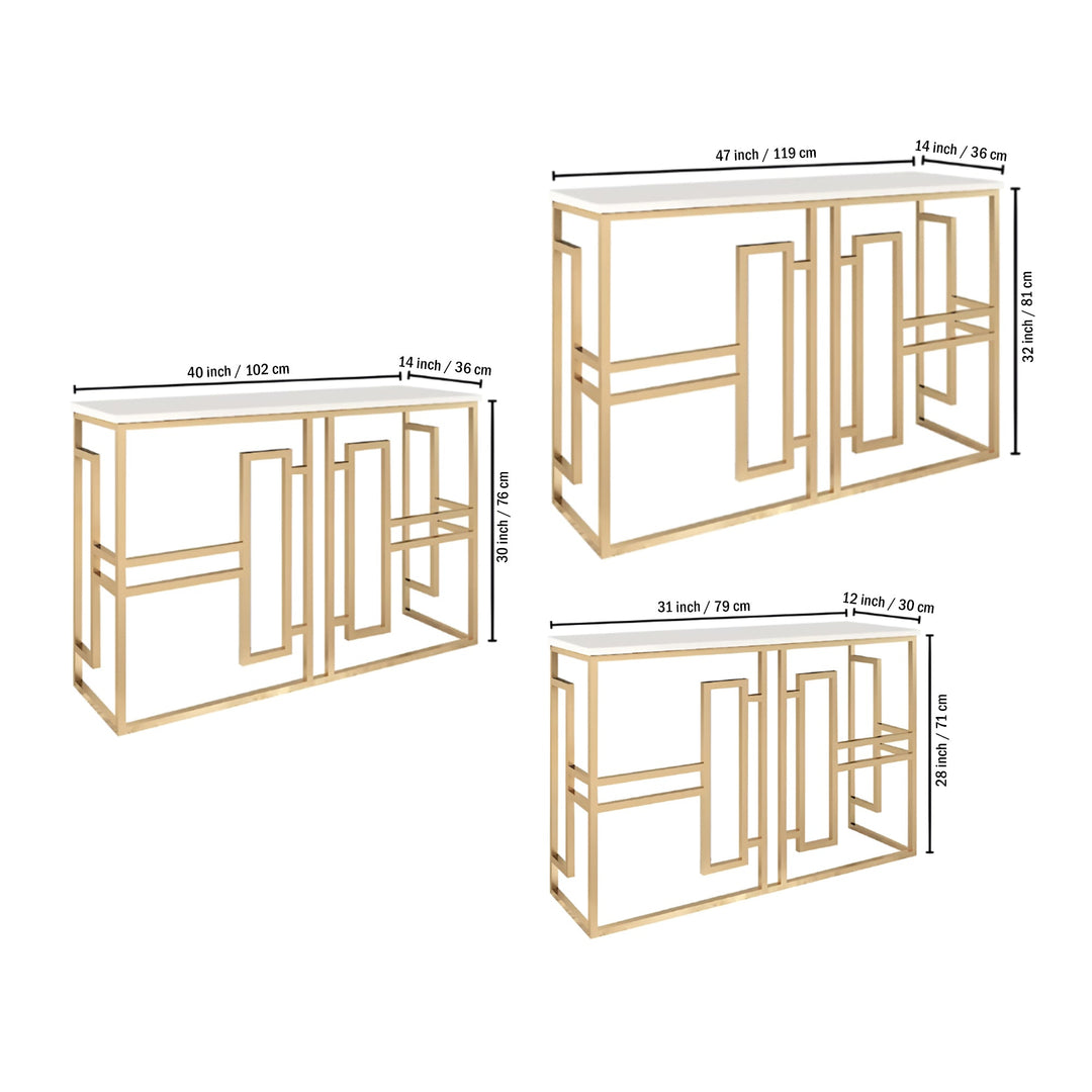 Classic Console Table with White Marble in Golden Metal Finish