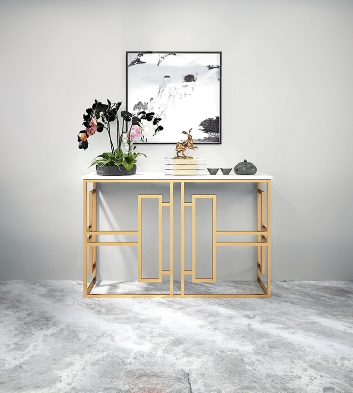 Classic Console Table with White Marble in Golden Metal Finish