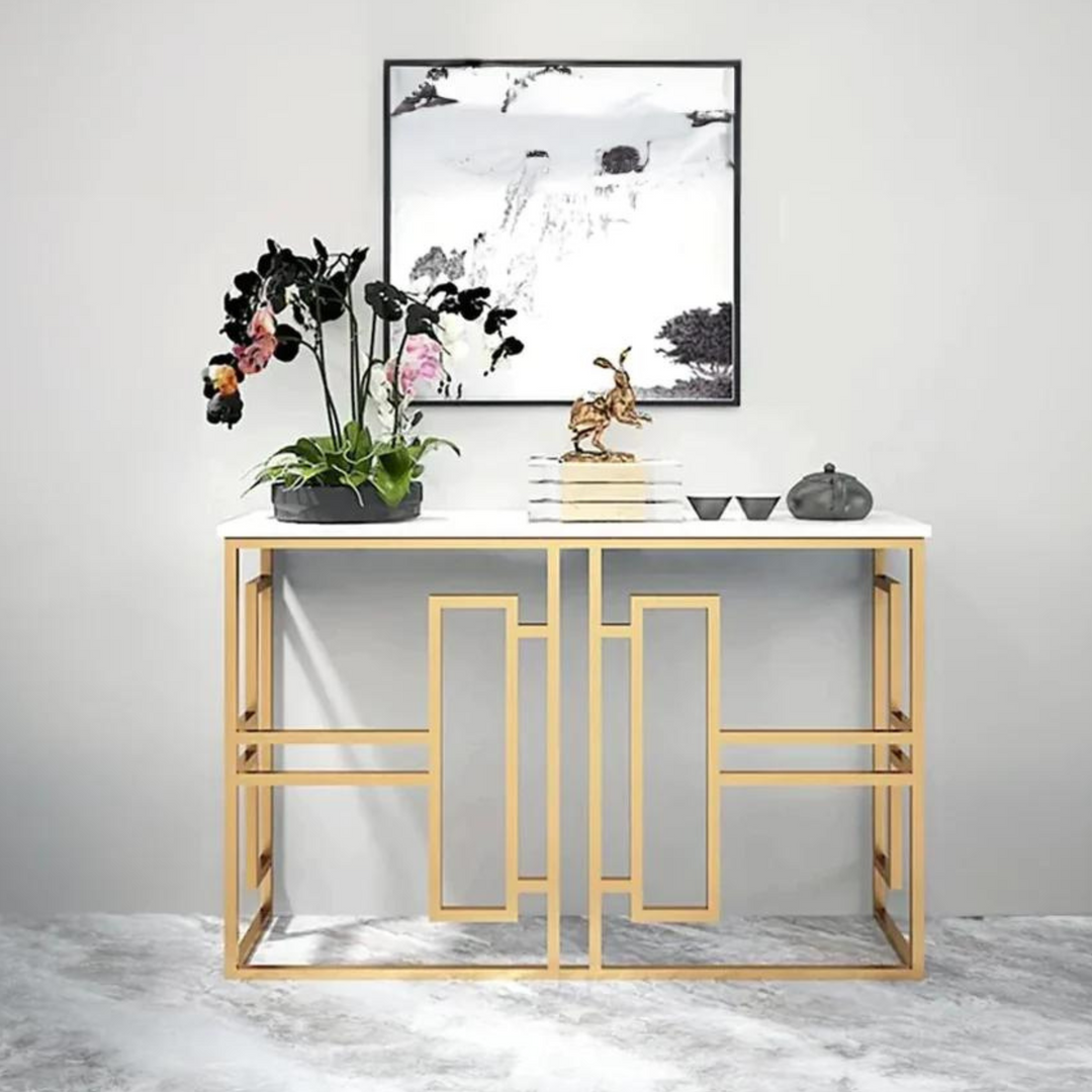 Classic Console Table with White Marble in Golden Metal Finish