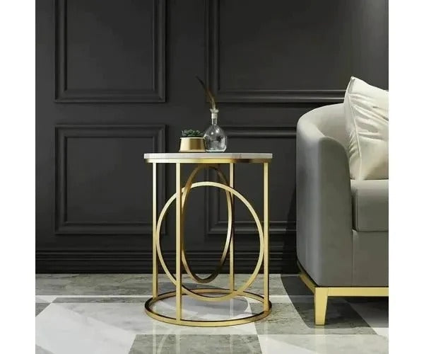 Modern White Marble Round Shaped Side Table with Golden Metallic Side