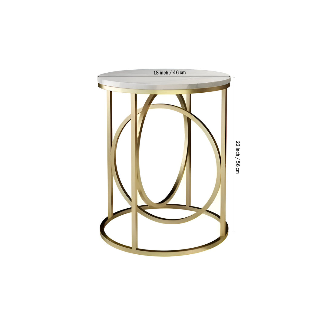 Modern White Marble Round Shaped Side Table with Golden Metallic Side