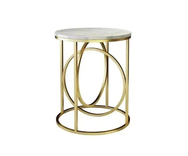 Modern White Marble Round Shaped Side Table with Golden Metallic Side