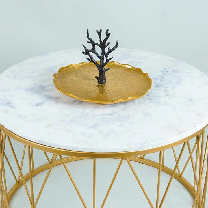 Premium Designer White Marble Round Shape Center Table in Criss Cross Pattern