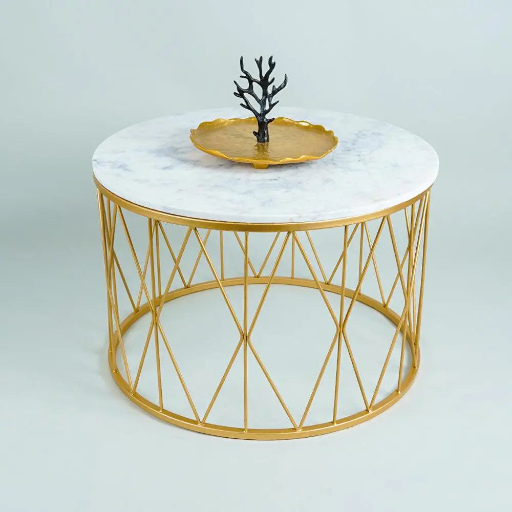 Premium Designer White Marble Round Shape Center Table in Criss Cross Pattern