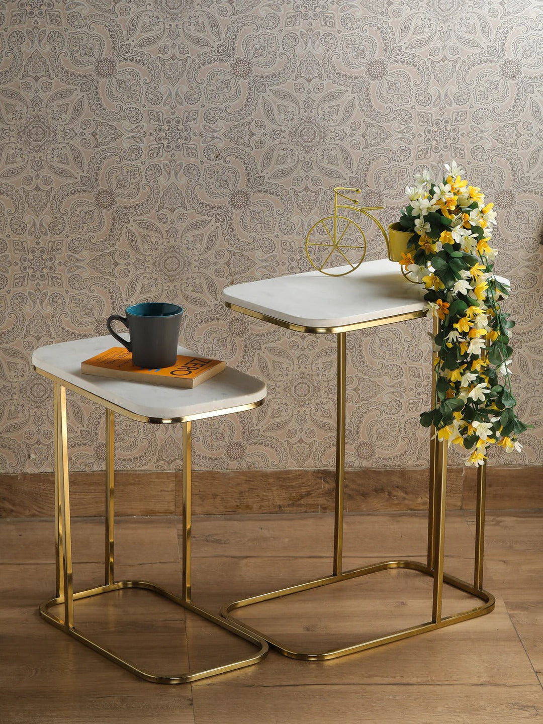 Tehran Rectangle Iron Stand Side Marble Table Set of 2