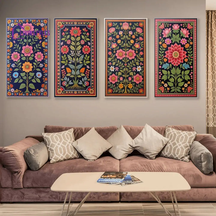 Vibrant Blue Floral Tapestry Series Set Of 4 Printed Wall Painting