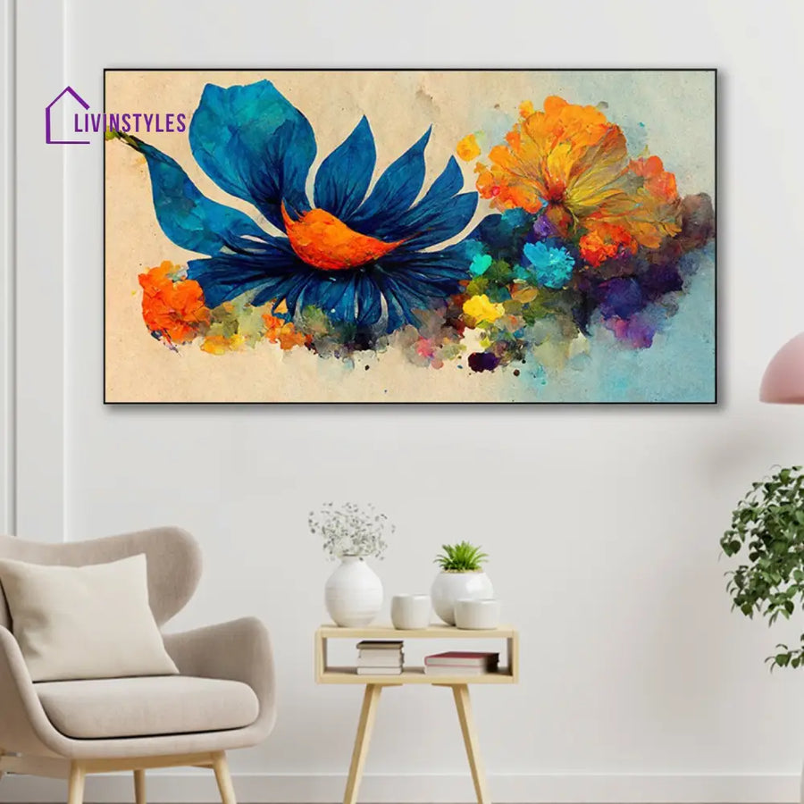 Vibrant Blue Flower Amidst Blossoms Wall Painting