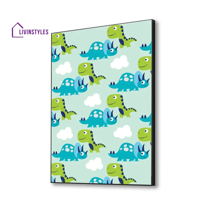 Vibrant Dinosaur Pattern White Background Canvas Wall Painting 16 X 20 Inch / Black Floating Frame