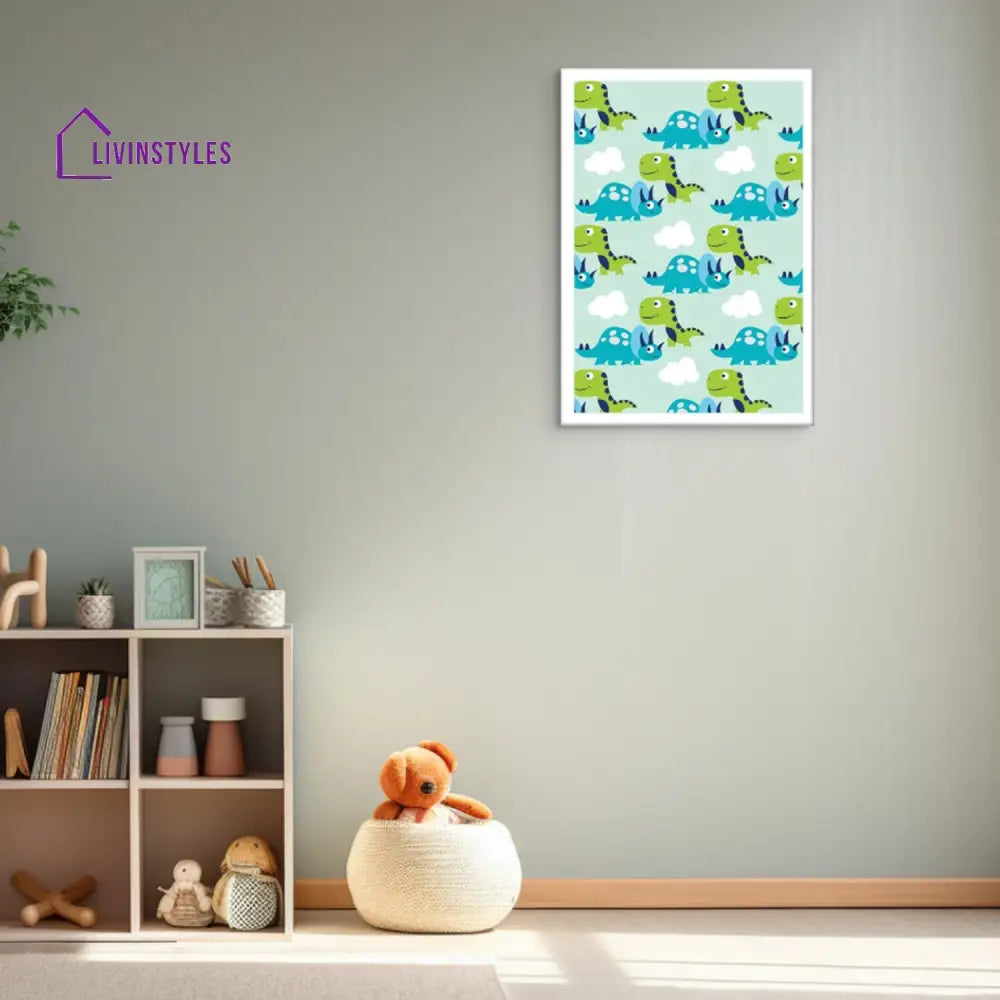 Vibrant Dinosaur Pattern White Background Canvas Wall Painting