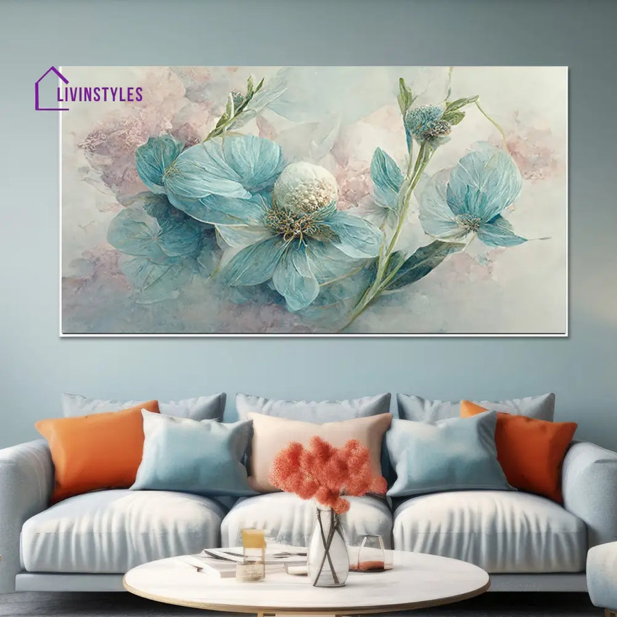 Vibrant Floral Canvas With Blue Wall Painting